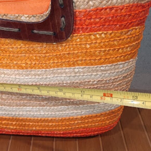 Sun N' Sand Multi-Color Orange Wicker Basket Bag with Brown Wood Handles - Picture 9 of 11